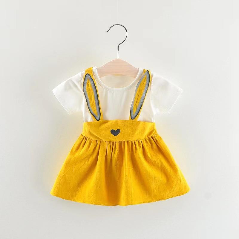 Spring Girls Solid Long Sleeve Dress With Bunny Ears Fake Two Piece Princess Dress For Toddler Baby