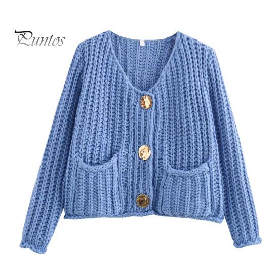 Knit Cropped Cardigan Sweater V-Neck Long Sleeve Buttons Down Loose Fit Sweater Coat with Pockets Solid Color Knitwear