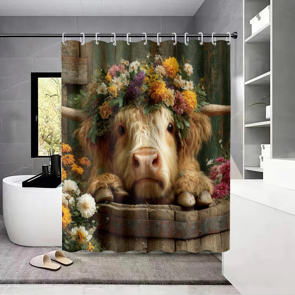 1 st Highland Cow Blomtryck Vattentät Duschdraperi Partition Sekretess Hängande Draperi 12 Krok Flera Storlekar Maskintvättbar