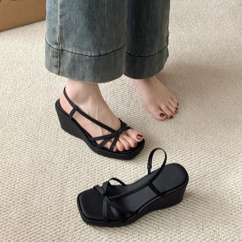 Fashion Platform Heels Summer New Square Toe Open Toe Cross Slim Strap Platform Non-Slip Wear-Resistant Wedge Sandals