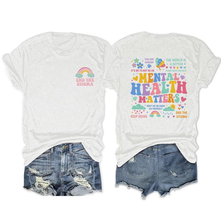 Summer loose crewneck Tshirt Unisextal health matters end the stigma Printed fashion casual shortsleeved top with Womens pullov S