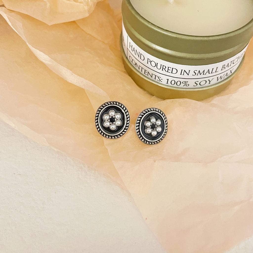 S925 Silver Needle Korean French Retro Stud Earrings Women's Round Pearl Flower Earrings Do Not Fade Trendy Ears