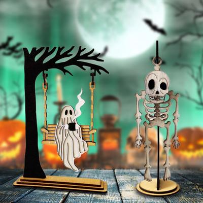 Halloween Swingy Skeleton Ornament Creepy Tree Swing Ghost Wooden Table Sign