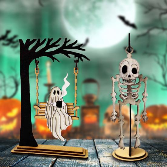 Halloween Swingy Skeleton Ornament Creepy Tree Swing Ghost Wooden Table Sign with Base Home Office Desktop Party Decoration