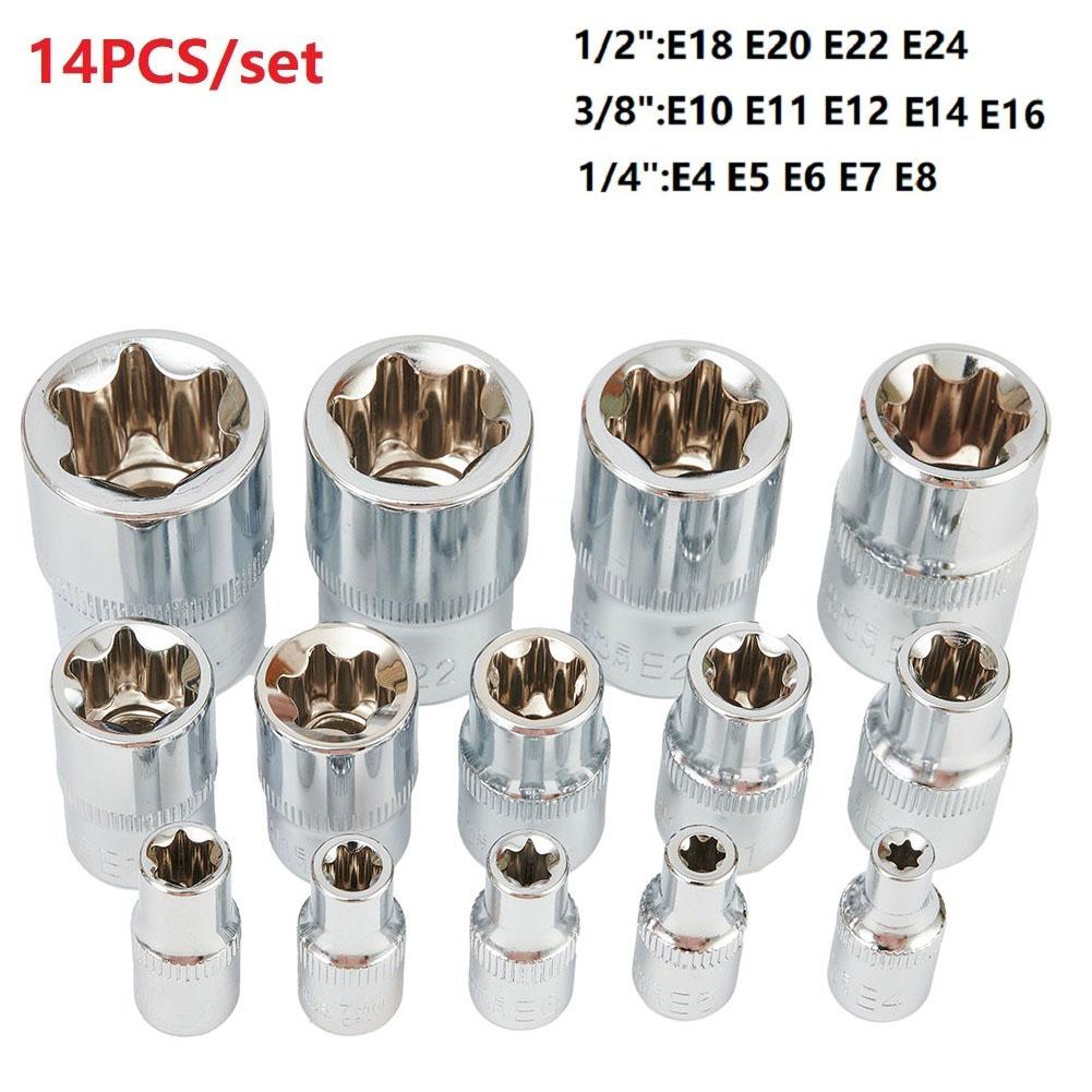 

14pcs Female E Star Torx- Socket Set E4-E24 External Hex Socket Insert Nut Versatility Combination Sockets 1/2 3/8 1/4 Drive China Mainland