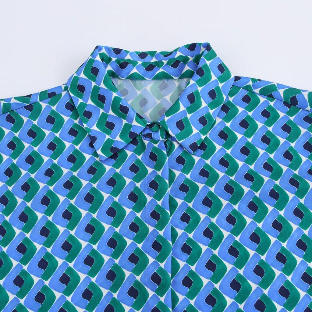 2025 Spring Women's European & American Geometric Silk Satin Shirt