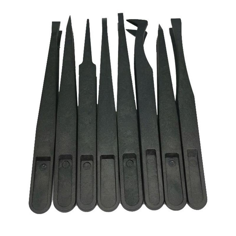 8PCS Flat Tip Anti-static Tweezer 11-12CM Black Flat Tip Plastic Antistatic Tweezers