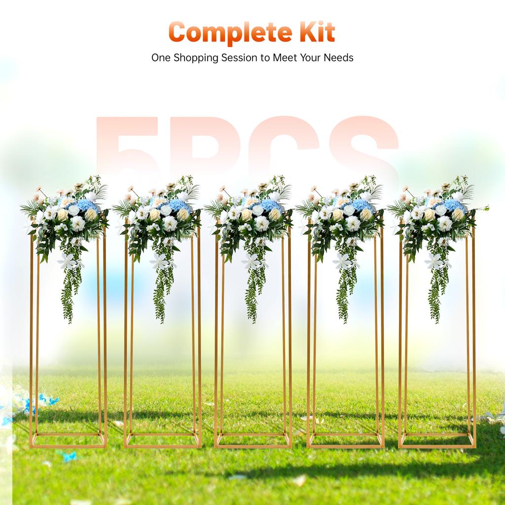 5PCS Rectangular Gold Flower Stand, 31.5inch Tall Geometric Centerpieces Vase for Table, Floor Metal Vase for Home Event Props