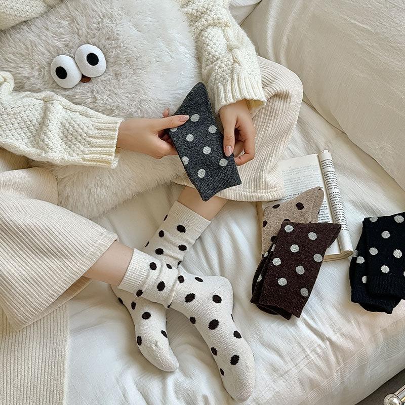 Socks Thickened Warm And Versatile Polka Dot Black Wool Maillard Coffee Color Mid-Leg Socks