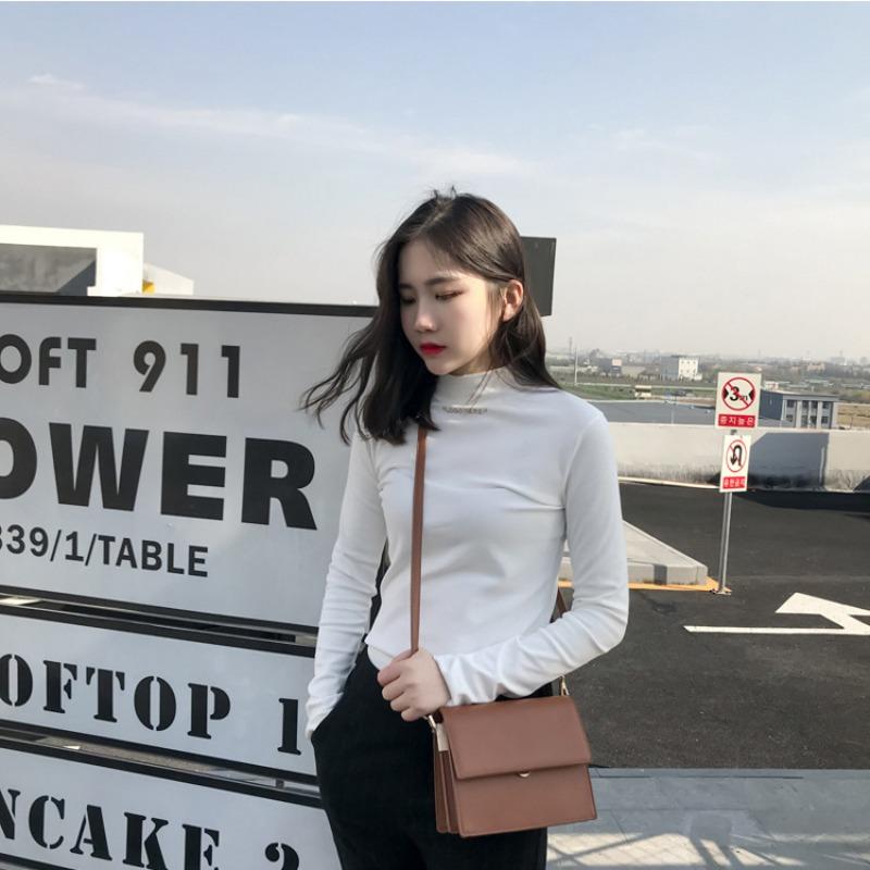 Halbrollkragen und Fleece-Basis Damen Herbst/Winter Pullover Monogramm Bestickt Slim Fit Student Einfarbig Langarm T-Shirt Damen