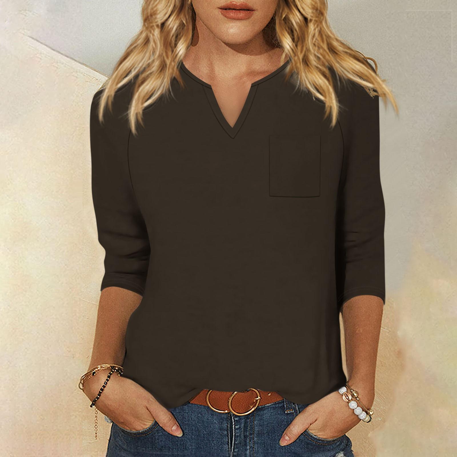 

Женская модная рубашка, повседневная рубашка с рукавами реглан, карман, V-образный вырез, рукав 3/4, свободная футболка с принтом, женский топ M коричневый