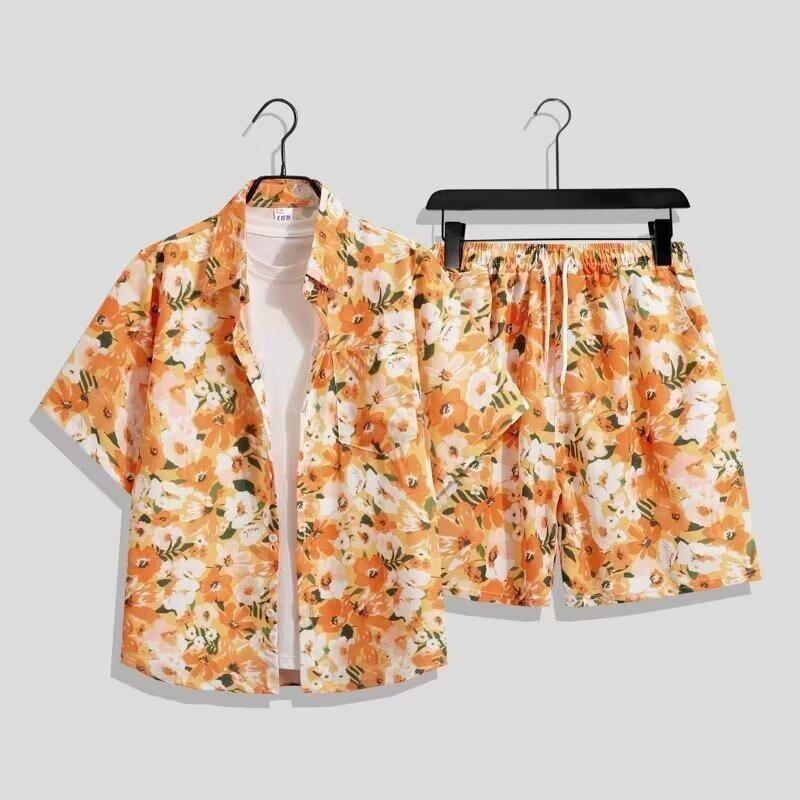 Harajuku Sanya Summer Men's Hawaiian Beach Set: Ice Silk Floral Shirt & Shorts