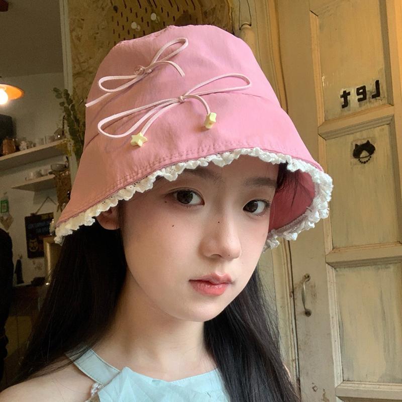 Sweet Lace Bow Bucket Hat for Women Girls Cotton Bowknot Star Fisherman Cap Korean Y2K Basin Hat Outdoor Travel Holiday Sun Hats