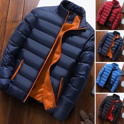 Men Winter Coat Padded Thick Solid Color Zipper Closure Stand Collar Long Sleeve Windproof Soft Warm Cold Resistant Men Jacket