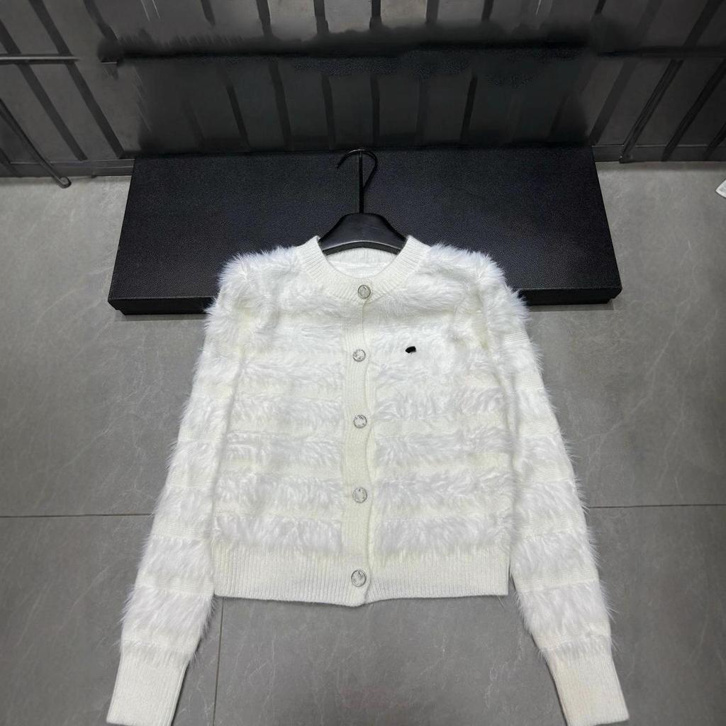 Xiangjia Mink Fur Color Block Striped Cardigan Sweater - Autumn/Winter, Round Neck, Long Sleeve, Loose Fit.
