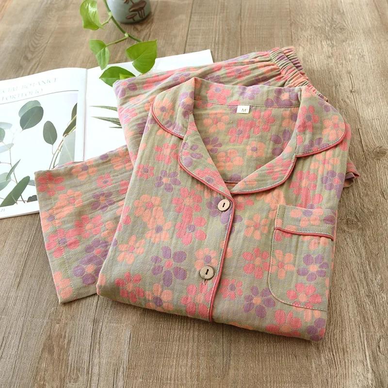 New Arrival SpringSummer Pajama Set 100 Cotton Fragmented Flower Long-cut Sleeved Pants Two Piece Buckle Set Ladies