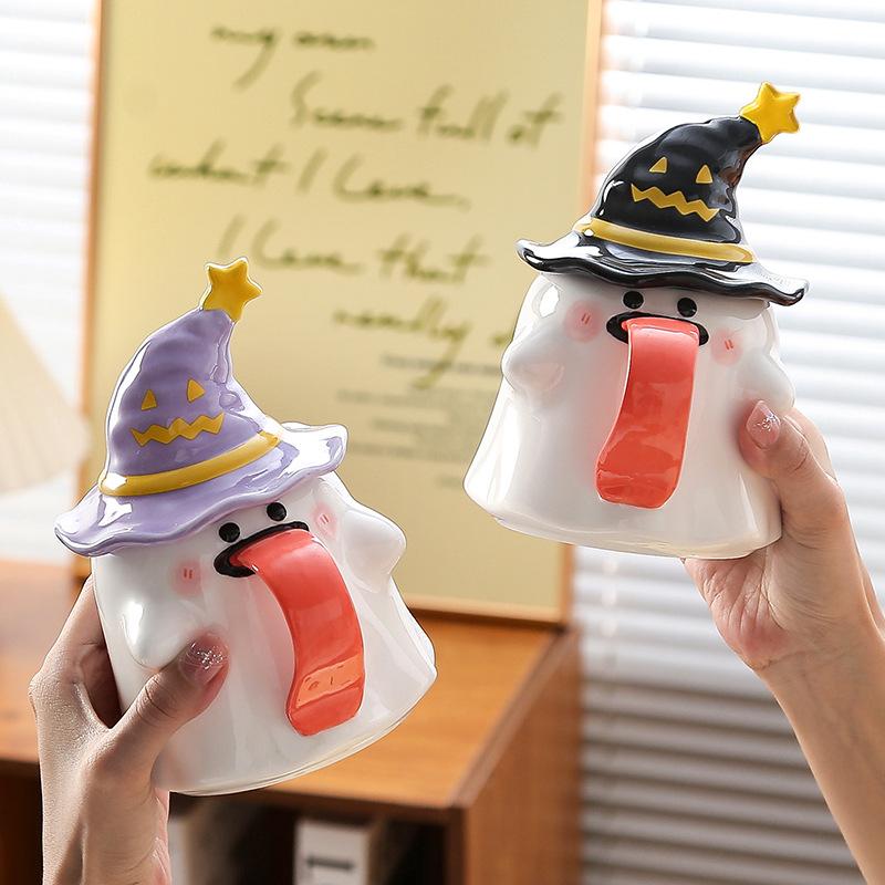 Halloween Ceramic Coffee Cup with Lid Cute Imp Ghost Mug European Afternoon Camellia Flower Teacup Breakfast Milk Mug Gifts New