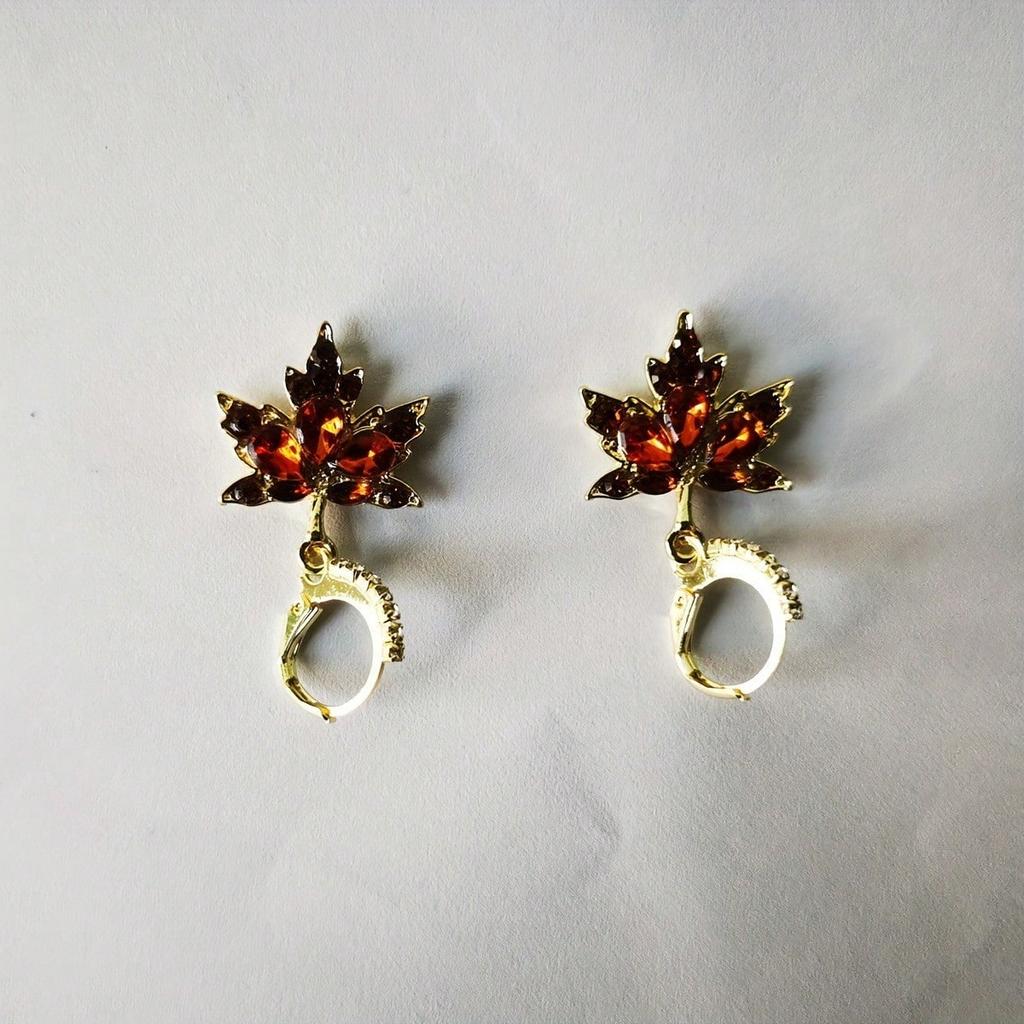 18k Rose Gold Plated Maple Leaf Red Zircon Hoop Earrings Fashion Women Jewelry