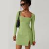 Womens Square Neck Bodice Dress Long Sleeve Side Slit Flare Mini Dresses