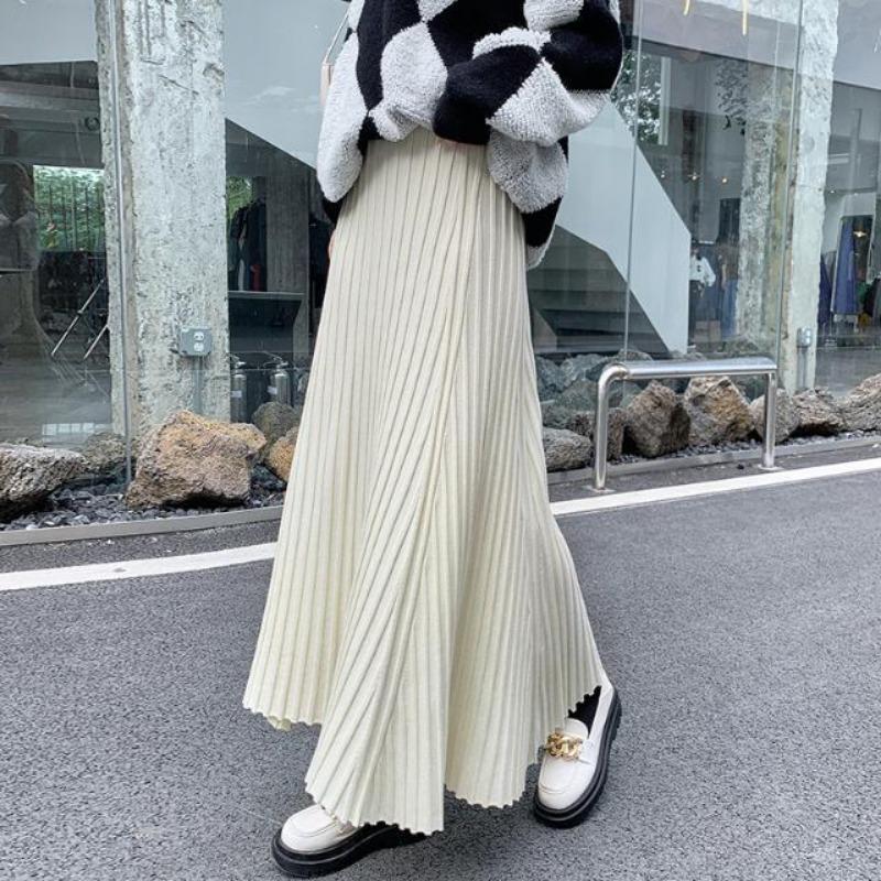 Knitted Midi Skirt Women's A-line Skirt High Waist Wide Span Mid Length Skirt