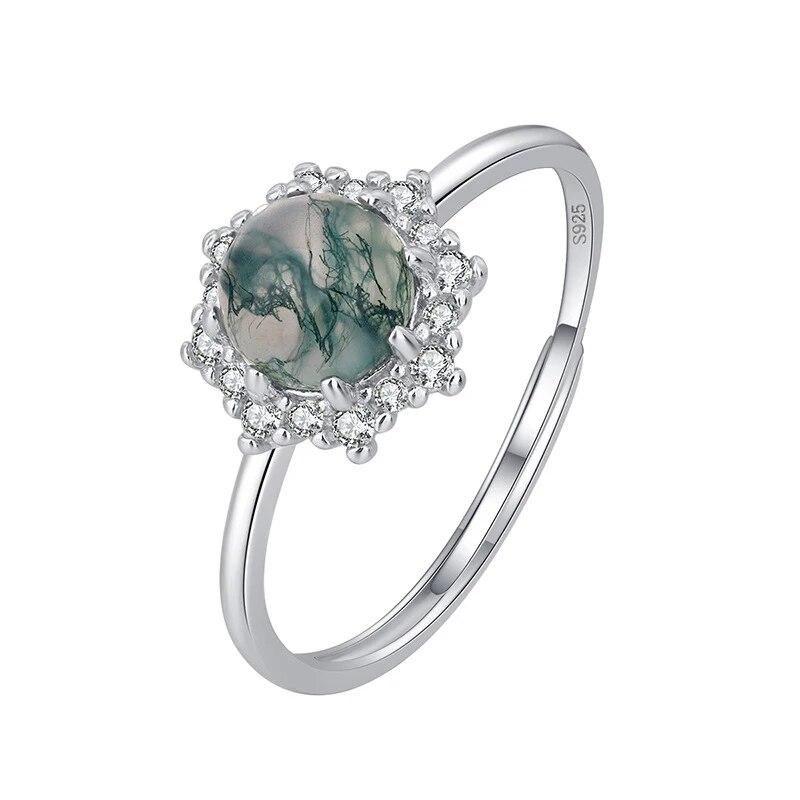 

Роскошное кольцо из натурального камня с текстурой различных зеленых мхов и травы, агатовое кольцо с цветком для женщин, стерлинговое серебро S925, подарочные ювелирные изделия Resizable зелёный