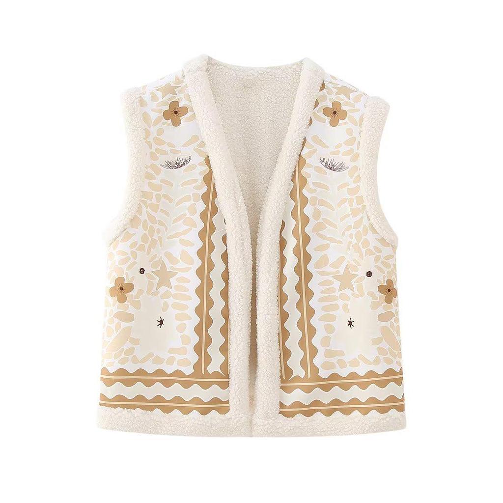 2023 Autumn/Winter Ethnic Style Retro Print Velvet Slim Fit Vest Jacket