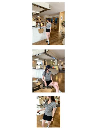 2026 Korean Style Lyocell Tencel Swing Neck Drawstring Short Sleeve Slim Fit Summer Top