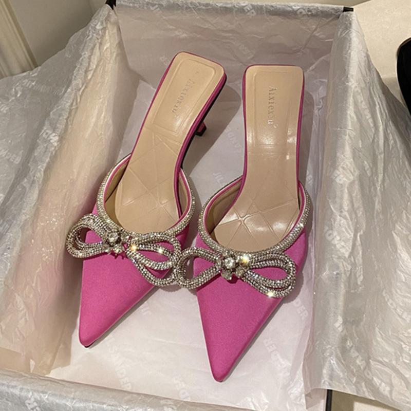 Fashion Women Crystal Bow -Knot Slippers Brand Pointed Toe Slip On Mules White Thin High Heels Outdoo Dress Wedding Shoes