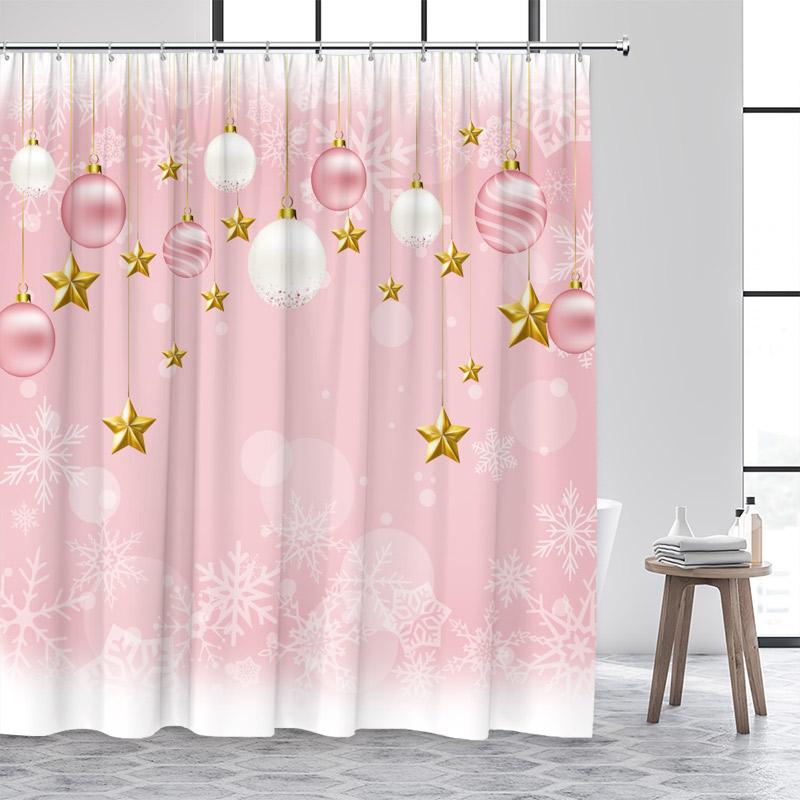 Pink Christmas Shower Curtain Xmas Balls Gold Stars Snowflakes New Year Home Bathroom Decor Bath Curtains Washable with Hooks