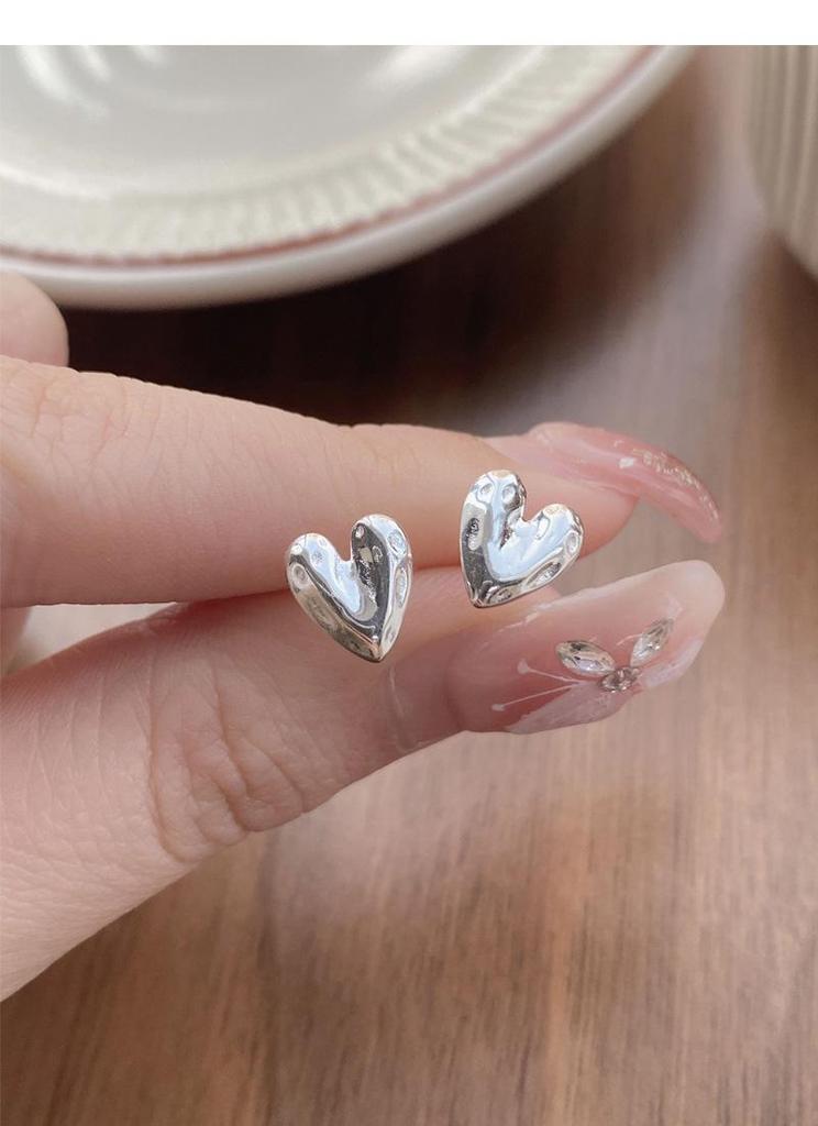 S999 Sterling Silver Korean Style Heart Stud Earrings for Women - Simple, Versatile, Textured Design