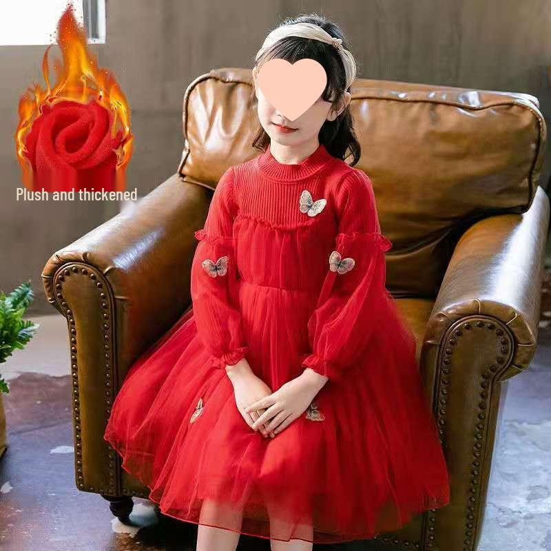 Frühling 2025 Mädchen Chinesischer Stil Puffärmel Mesh Prinzessinnenkleid