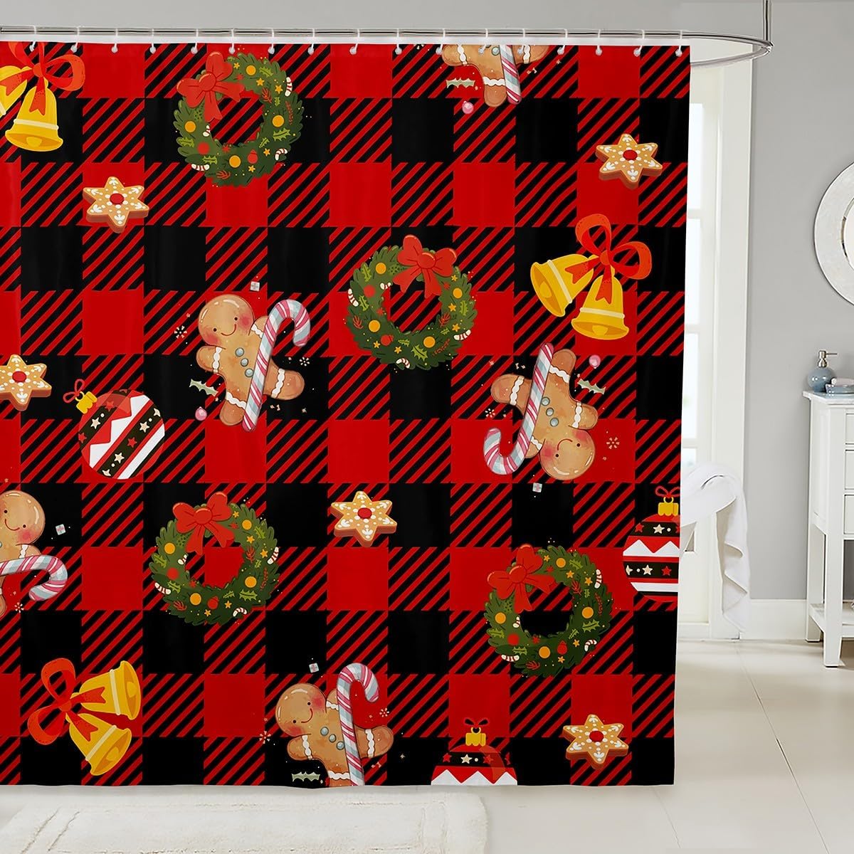 

Black Red Buffalo Check Christmas Shower Curtain with Tree Pattern, Waterproof Bathroom Decor for Xmas Holiday Bathtub 90x180cm35x71in