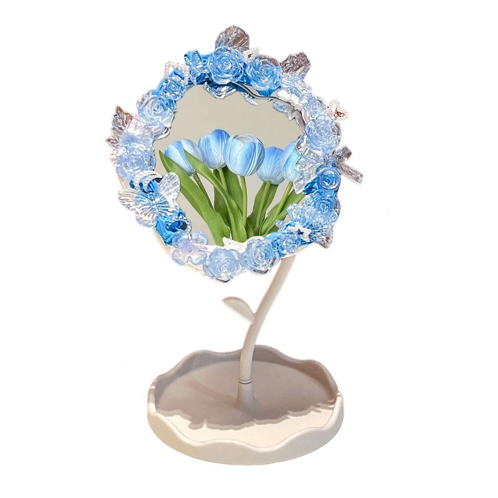 Table Mirror with Base Desk Mirror with Storage Tray Rotatable Vanity Mirror with Storage Tray Handmade Flower Design Organizer