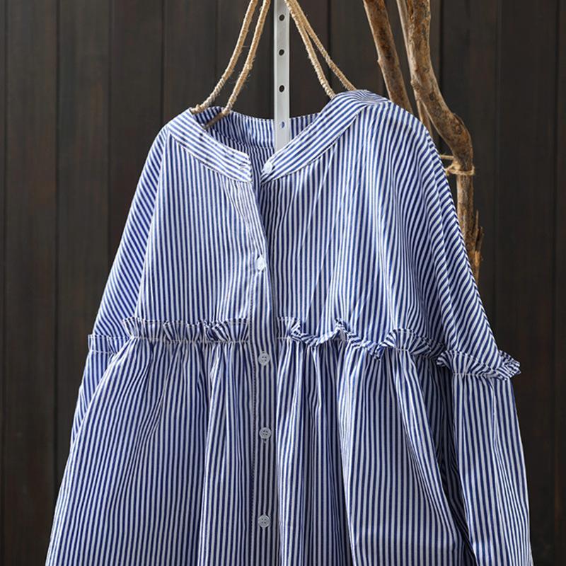 Blue Striped Cotton Shirt Women's Long-sleeved Spring Loose Top with Wooden Ears Bottoming Shirt