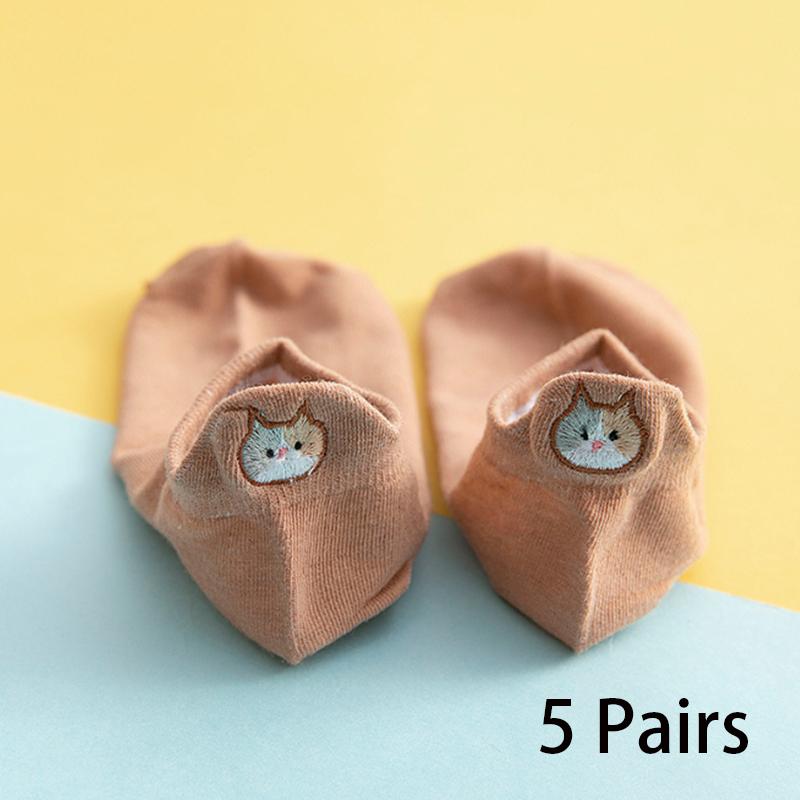 5/10 Pairs Women's Ankle Socks Cartoon Embroidery Cat Funny Short Socks Fashion No-Show Low Cut Soft Casual Female Boat Socks