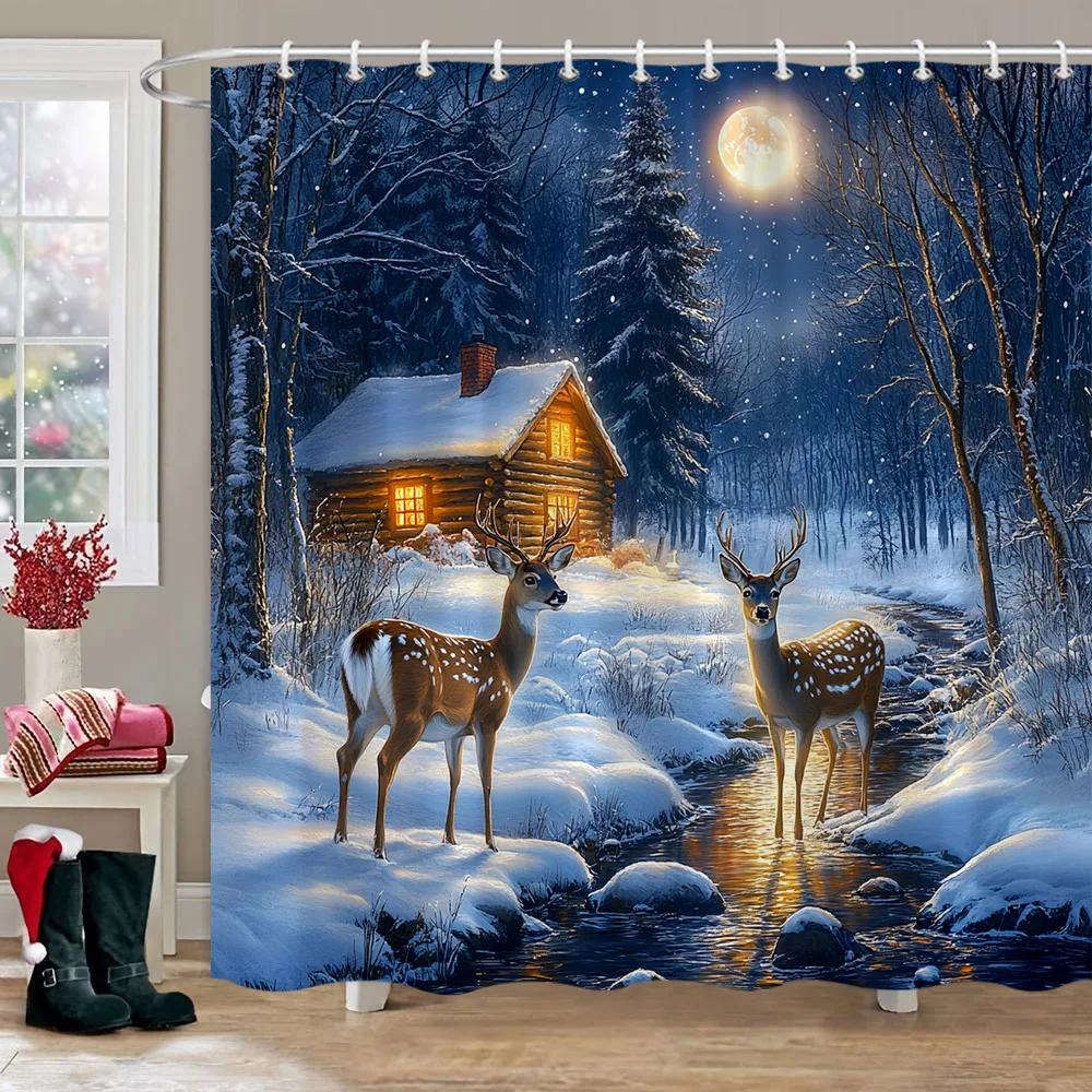 

Forest Snow Deer Shower Curtain Log Cabin Naturescape Christmas Shower Curtain Polyester Fabric Bathroom Decor with Hooks 90x180cm35x71in