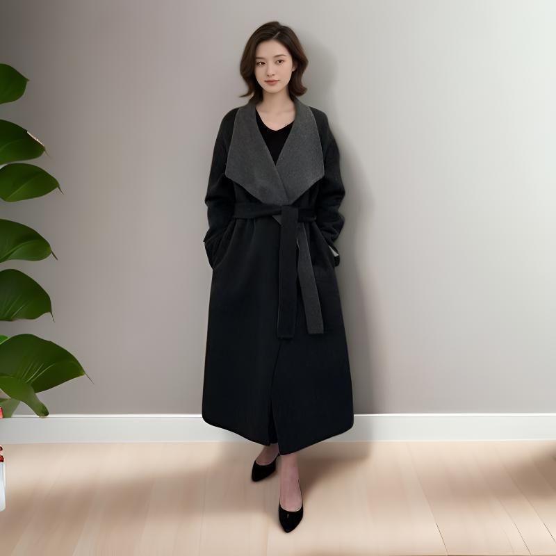 

Женское длинное пальто из смесовой шерсти с большим воротником, двухсторонний кашемир, фасон халата, с поясом для осени/зимы. M серый/полумрак