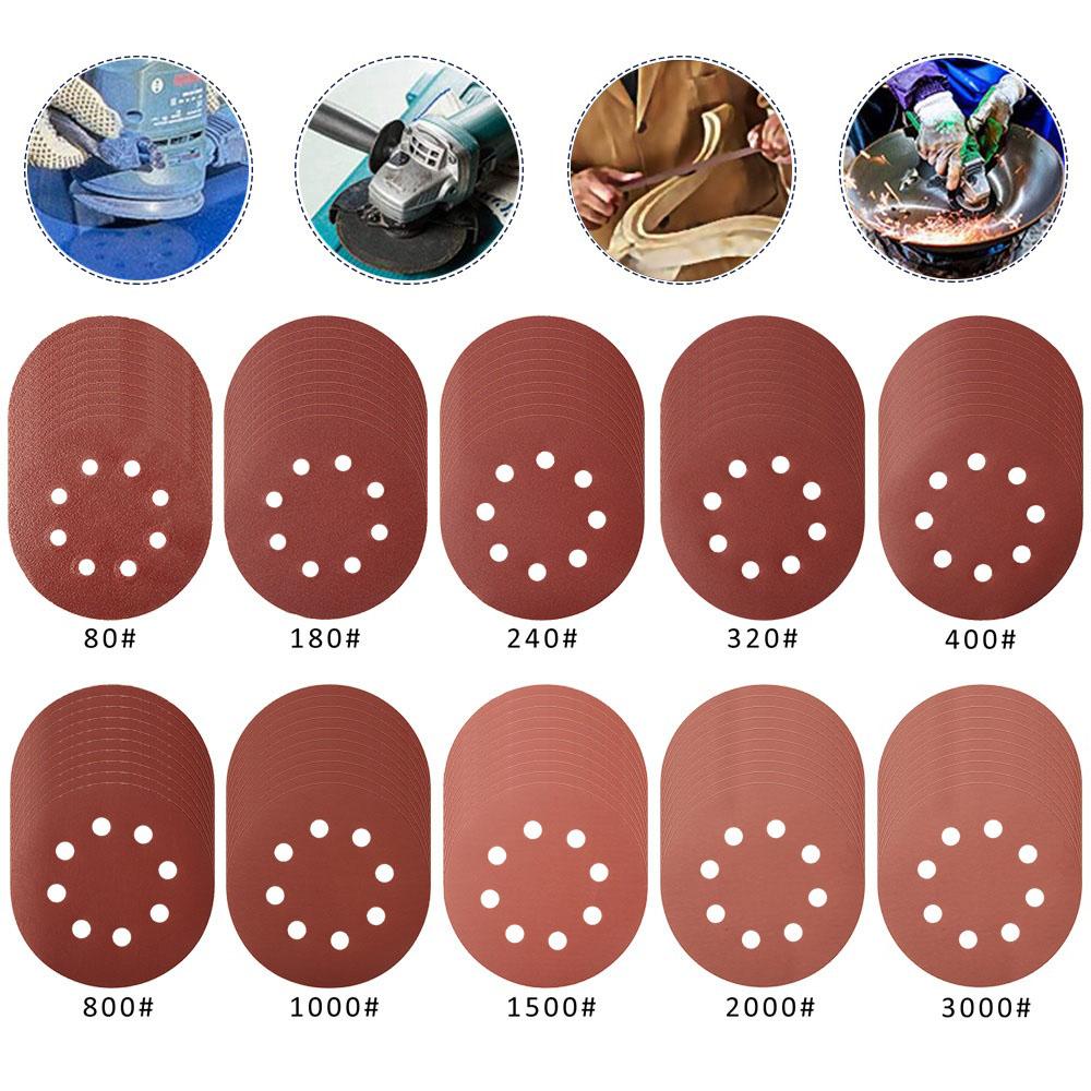 

100 pieces 5 inch sandpaper 8 holes 80Grit-3000Grit mixed sandpaper round automatic self-adhesive sand sand pad polishing tool