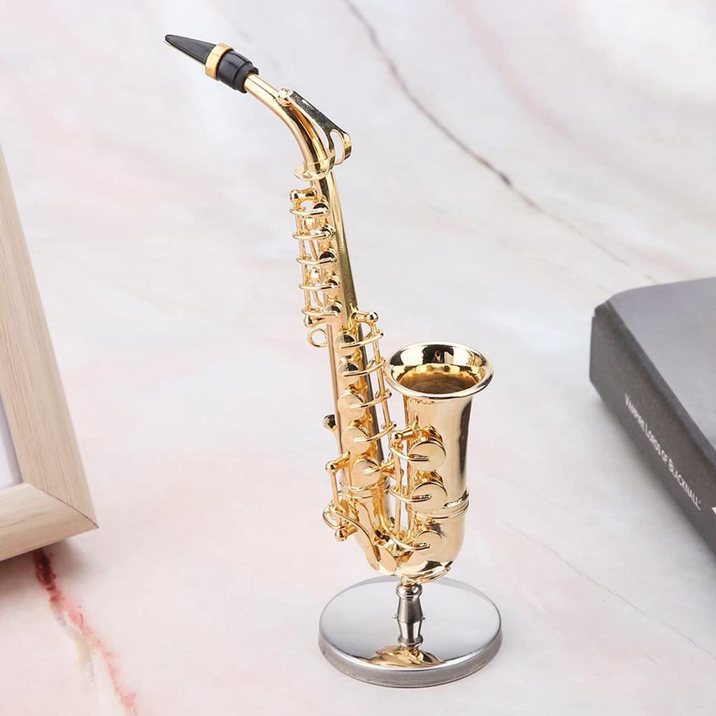 Miniature Alto Saxophone Replica with Stand and Case, Gold-Plated Instrument Model Decor