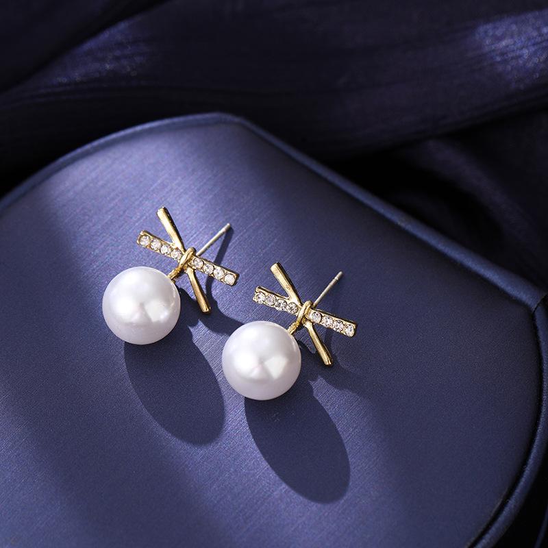 Náušnice s jehlou ze stříbra S925 s kočičím okem a perlou, dlouhé s mašličkou - Retro a všestranný styl pro ženy