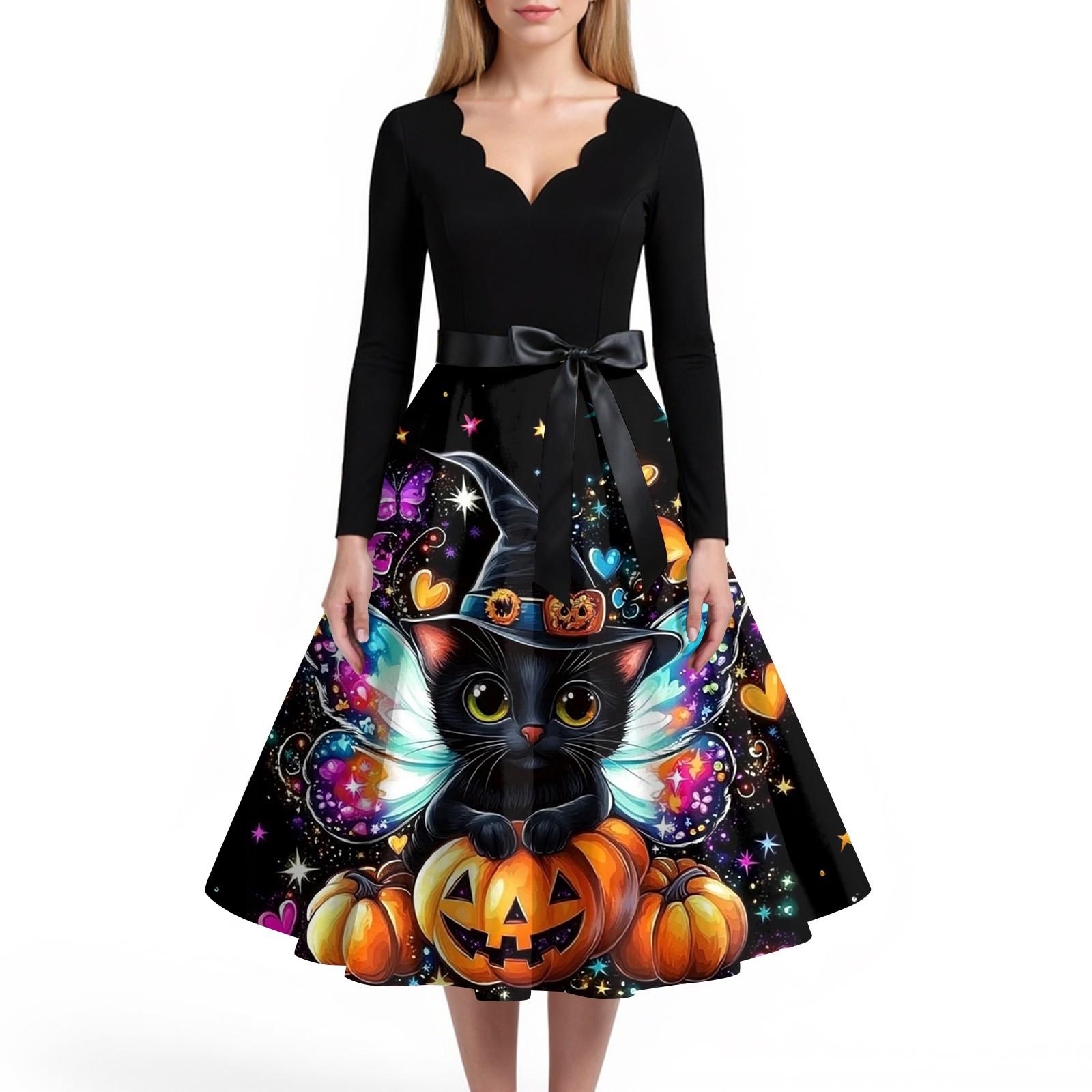 

Женское повседневное и модное платье с V-образным вырезом и длинными рукавами с принтом на Хэллоуин XXXXXL