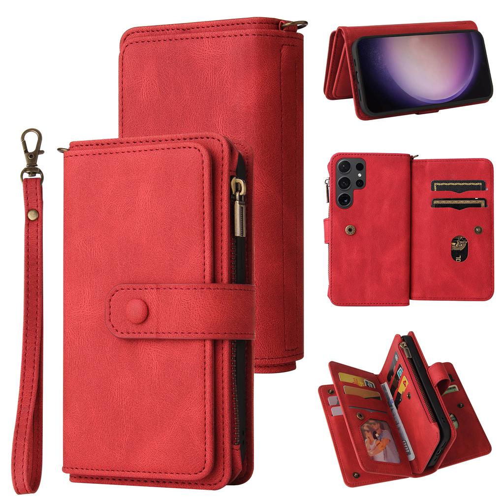 For Samsung Galaxy S24 Ultra Zipper Wallet Case with 15 Card Slots and Strap Leather Phone Cover