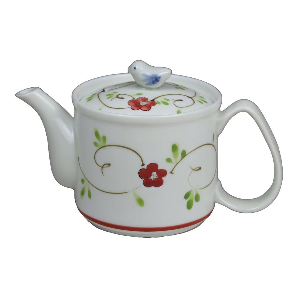 Yuuki Roman Lightweight Teapot with Tea Strainer, Made In Japan, Hasami Ware, Red Flower Arabesque Design