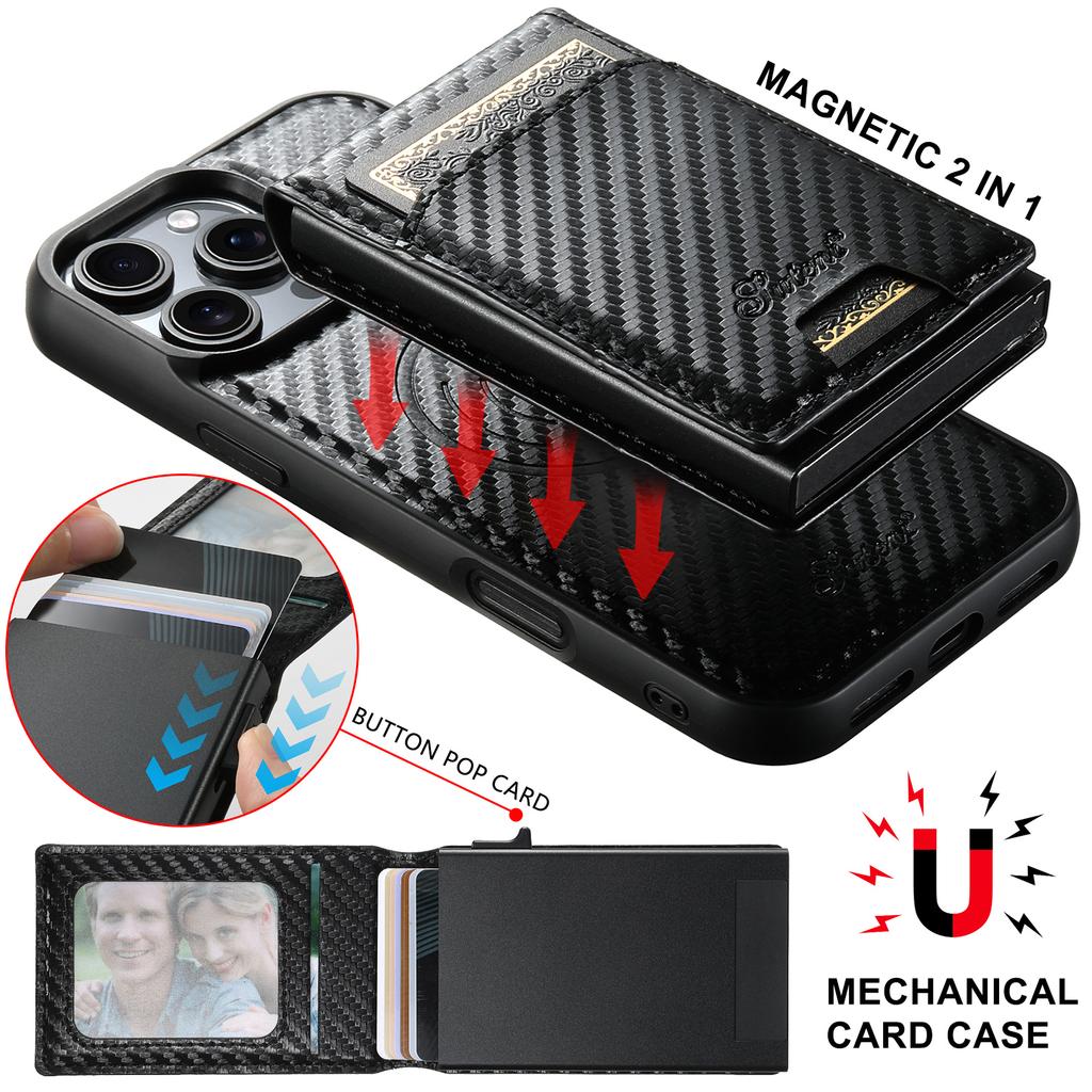 SUTENI H19 For iPhone 16 Pro Magnetic Case Carbon Fiber Texture Leather Back Cover with Card Bag
