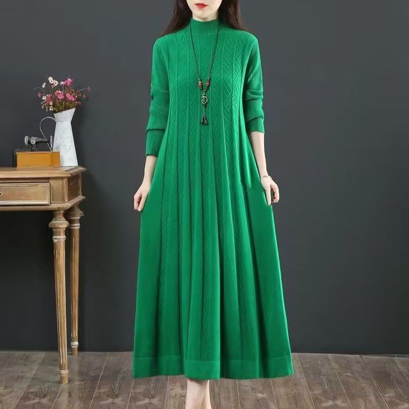 Abito Maglia Midi da Donna Collo Semi-Alto Manica Lunga Abito Maglione Dritto Indumento Interno Invernale Capo Esterno Taglie Forti