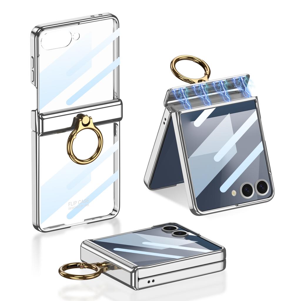 Luxury Plating Magnetic Hinge Case for Samsung Galaxy Z Flip 7 6 5 Screen Glass Ring Holder Hard Cover for Galaxy Z Flip7 Case