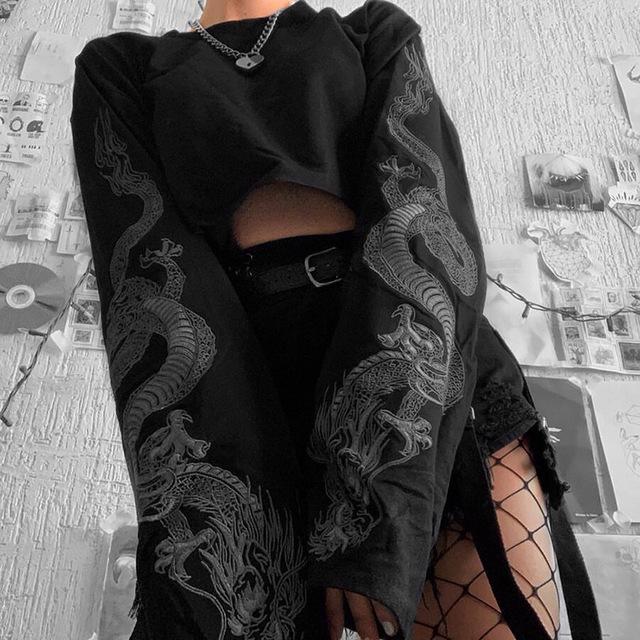 Print Dragon Autumn Crop Sweatshirt Long Sleeve Korean Fashion Pullover Black Casual Gothic Streetwear Sweatshirts
