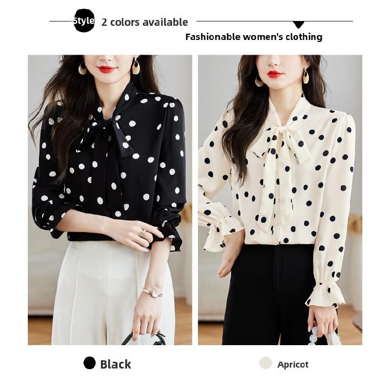 2026 Nuovo Top alla Moda ed Elegante per la Primavera, Camicia Versatile in Chiffon a Maniche Lunghe con Pois Neri