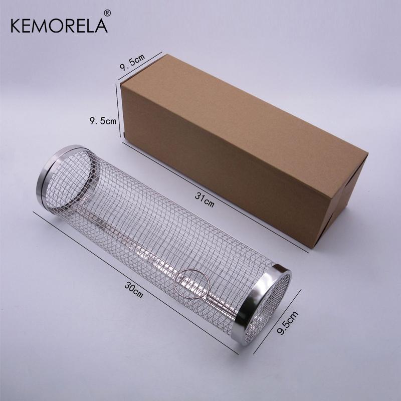 BBQ Basket Stainless Steel Rolling Grilling Basket Wire Mesh Cylinder Grill Basket Portable Round Outdoor Camping Barbecue Rack