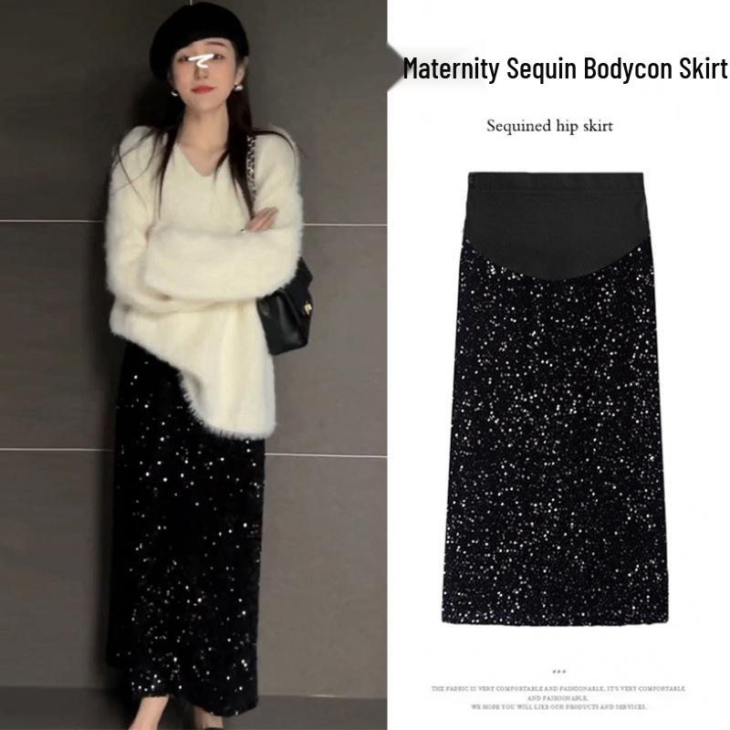 2025 Autumn/Winter Elegant Velvet Sequin Maternity Midi Skirt - Slimming Black Straight-Cut. M чёрный